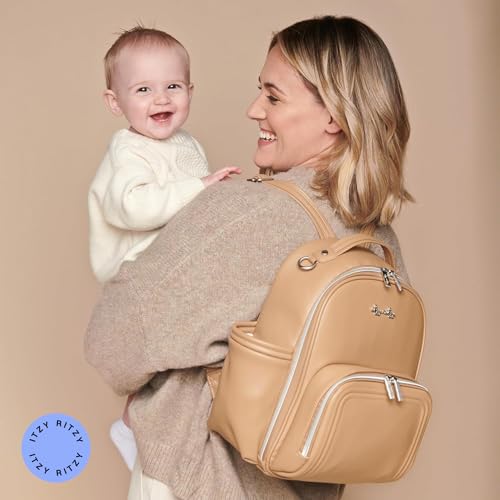 Itzy Ritzy Mini Diaper Bag Backpack – Chic, Compact Mini Plus Backpack with Changing Pad, 10 Pockets (6 Internal, 4 External), Grab-Top Handle & Rubber Feet (Chai) - color: Chai - Plus