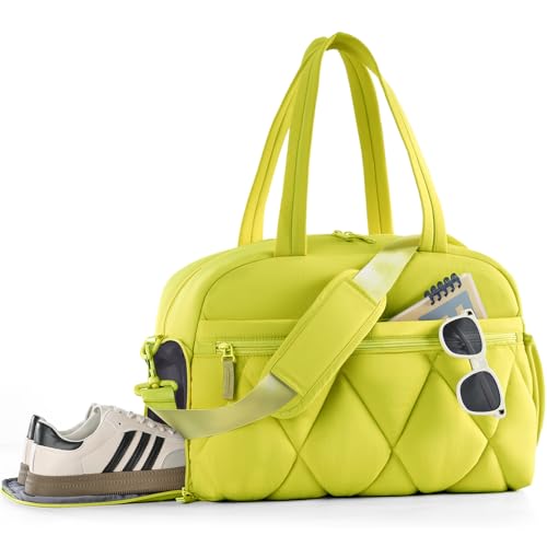 Gym Bag for Women, Puffer Travel Duffle Bag With Shoes Compartment & Wet Pocket, Carry On Tote Bag For Weekender, Overnight, Sport (Neon Lime, Medium) - color: Neon Lime, size: Medium