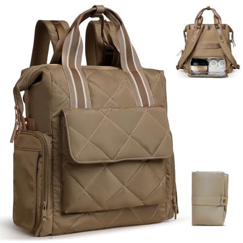Omanmoli Diaper Bag Backpack Quilted Baby Diaper Bag Lunch Backpack Pañaleras Para Bebe for Working Moms with 11 Pouches,Large Insulated Cooler Compartment,Stroller Straps,Changing Pad,Brown - color: Brown