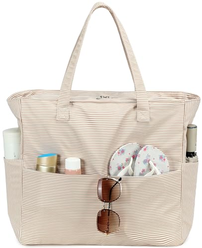 LEDAOU Beach Bag Waterproof Sandproof Women Beach Tote Pool Bag with Zipper for Swim Gym Grocery Travel with Wet Pocket | Sandproof - color: Brown Wwhite Stripes