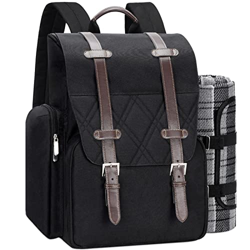 Picnic Backpack for 4 Person with Large Insulated Cooler Bag, Picnic Basket Set with Wine Pouch, Waterproof Picnic Blanket & Cutlery Set. Perfect for Beach, Camping, Party,Wedding Gift for Couple. - color: Black, size: 4 Person