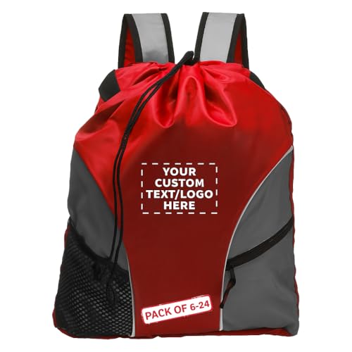 DISCOUNT PROMOS Custom Sporter Drawstring Backpacks Set of 6/12/24, Personalized Bulk Pack - Compact, Lightweight, Unisex Backpack - Red - color: - Custom - Red, size: 6/12/24