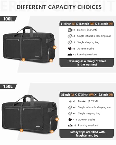 Gonex Large Foldable Travel Duffle Bag with Shoes Compartment, Packable Lightweight Water Repellent Duffel Bag for Camping Gym Weekender Bag - color: Dark Grey, size: 150L