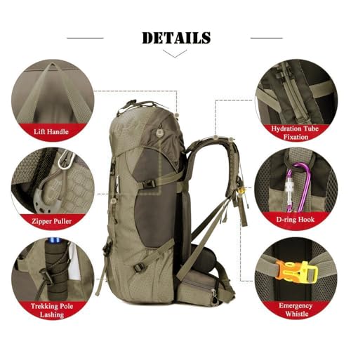 Bseash 60L Waterproof Hiking Camping Backpack with Rain Cover, Large Outdoor Sport Travel Daypack Rucksack for Climbing - color: Greyish Green