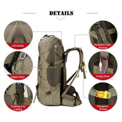 Bseash 60L Waterproof Hiking Camping Backpack with Rain Cover, Large Outdoor Sport Travel Daypack Rucksack for Climbing - color: Greyish Green