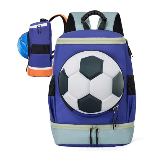 Soccer Backpack with Ball Holder on Outside, Football Volleyball Basketball Backpack with Shoe Compartment and Ball Holder - color: Soccer Blue