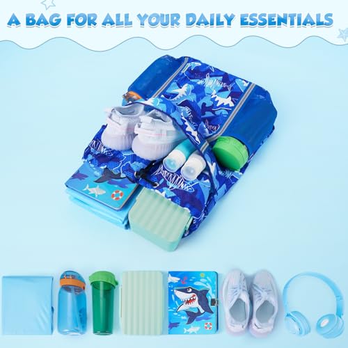 WAWSAM Kids Gym Drawstring Backpack String Bag, Shark Sports Gym Bag for Kids Boys Waterproof Swimming Beach String Cinch Backpack with Two Water Bottle Pocket - color: Shark