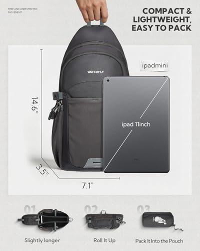 WATERFLY Packable Crossbody Sling Bag: Small Lightweight Travel RFID Blocking Sling Daypack with Water Bottle Holder - Shoulder Chest Bag Backpack for Women Men Hiking Traveling Theme Parks - color: Gray