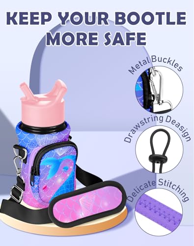 Miss Adola Water Bottle Carrier with Strap - Insulated Kids Water Bottle Holder for Boys Girls Bottle Bag for 10-18Oz - color: Purple Fishtail