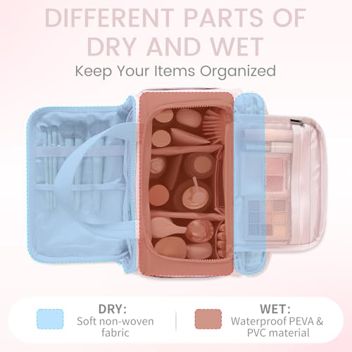Cute Puffy Toiletry Bag for Women,Large Makeup Bag,Travel Cosmetic Bag with Adjustable Dividers & Trolley Sleeve,Toiletries Organizer,Light Pink - color: Pink
