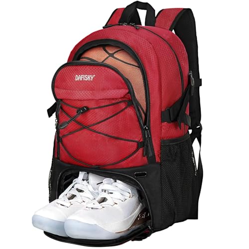 DAFISKY Basketball Backpack, Basketball Bag with Ball Holder Shoes Compartment, Sports Equipment Bag for Soccer Ball, Volleyball - color: Red