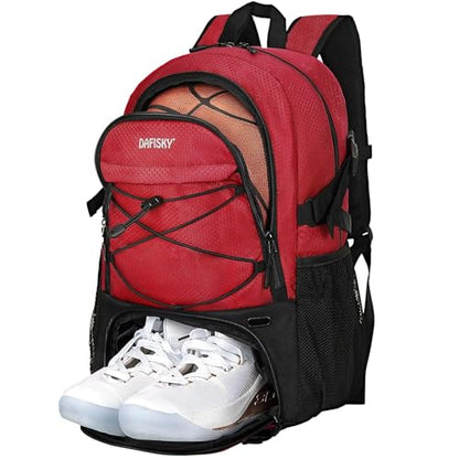 DAFISKY Basketball Backpack Sports Bag | Basketball Bag with Shoe Compartment and Ball Holder, 30L Large gym bag for boys girls - color: Red