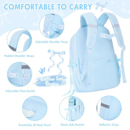 Kids Backpack for Girls - 3PCS Cute Embroidered Bow Girls Backpack with Insulated Lunch Bag & Pencil Case - Bookbag for Teen Women Middle High School College Work Travel Daypack - color: Blue