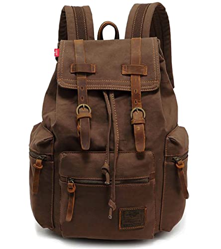 HuaChen Vintage Canvas Travel Backpack with Leather Trim, Laptop Padded Sleeve, Hidden Back Security Pocket, Fits 15-Inch, M32 Coffee Large - color: Coffee, size: Large