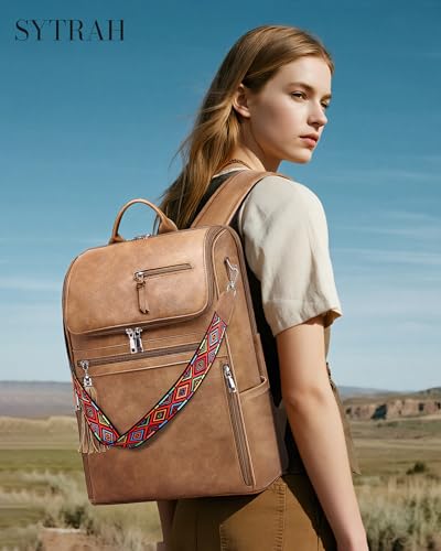SYTRAH Leather Laptop Backpack for Women Designer Laptop Bag, 16.5 inch Travel Computer Backpacks Purse with Tassel for Work Business with Satchel Purse Camel Brown - color: Camel Brown