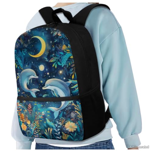 Moon Dolphin Backpack for Girls Kids Backpack with Lunch Box Pencil Pouch and Water Bottle Holder 4 in 1 Cute Backpacks for Girls 17 Inch Lightweight School Bag with Front Pocket - color: Moon Dolphin