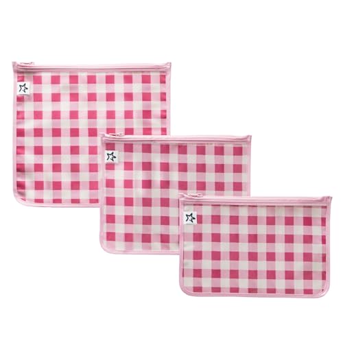 Tiny Twinkle Diaper Bag Organizing Pouches|3 Pack Mess-Proof Clear Front Travel Organizer Bags&TSA Approved Toiletry Bag Set for Baby and Mom Essentials - color: Raspberry Gingham