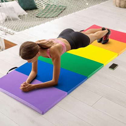 GYMAX Gymnastics Tumbling Mat, 6FT x 4FT Folding Thick Exercise Mat with Carrying Handles, Hook & Loop Fasteners, PU Leather Cover for Yoga, Stretching, Martial Arts
