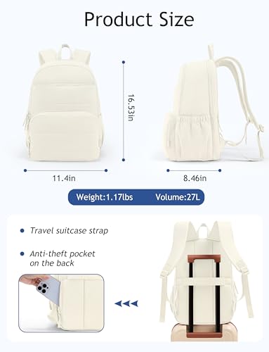 Uselike Travel Backpack for Women, 15.6 Inch Laptop Backpack, Quilted College Bookbag, Cute Work Backpacks, Water Resistant - color: Beige