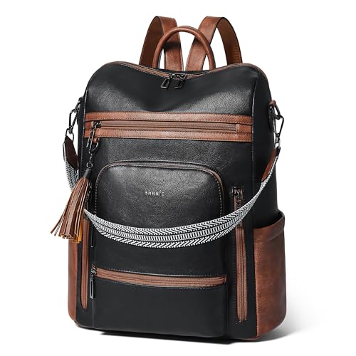 Shrrie Vegan Leather Laptop Backpack for Women 15.6 inch Work Backpack Fashion Travel Backpack Purse for Business College - color: Black With Brown