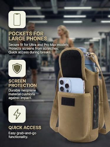 Magnetic Gym Tote,18-40oz Water Bottle Bag Holder,Neoprene Case Pouch with Phone Pocket,Men Women Workout Accessories - color: Khaki Brown