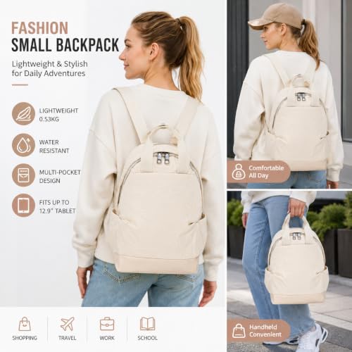 Backpack for Women Fashion Small Bookbag, Water Resistant Lightweight Nylon Daypack for Travel, Hiking & Daily Use - color: Milk White