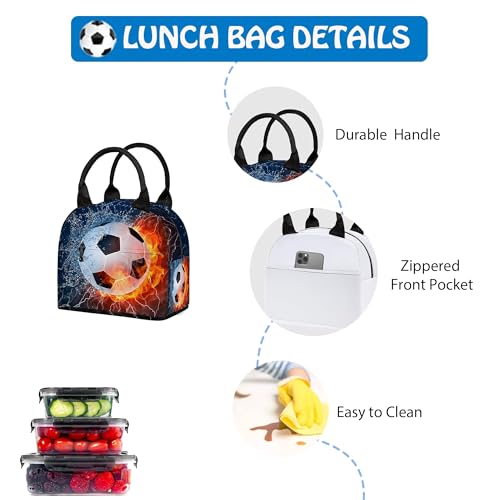 3PCS Backpack for Boys Girls, Kids Soccer Back to School Backpack Sets with Lunch Bag Pencil Case, 17 Inch Lightweight Bookpack 3 in 1 Set for Teens Elementary Middle High School Students - color: Water Fire Soccer