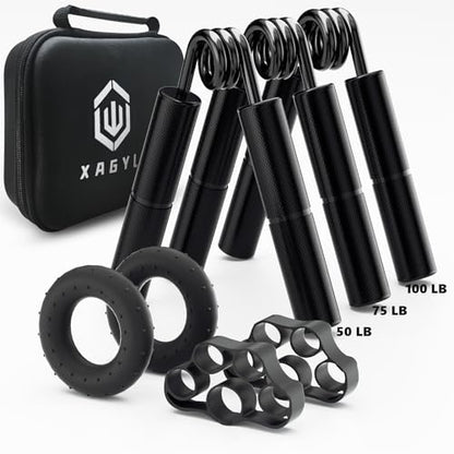 Professional Hand Grip Strengthener Trainer Kit, 50-175LB Metal Hand Gripper with 2 Finger Stretcher & 2 Grip Ring Wrist Foream Strengthener Exercise Workout Trainer for Pro Beginner Professionals