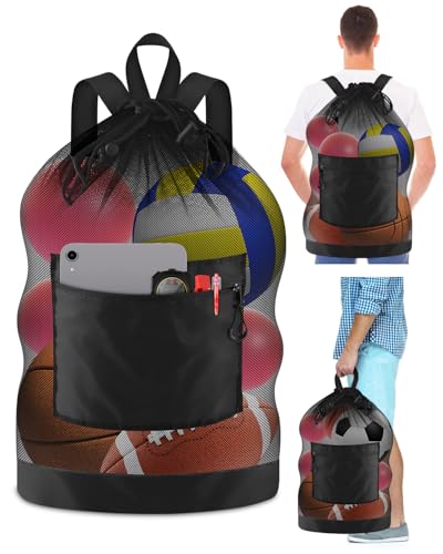 BROTOU Soccer Ball Bag with Double Shoulder Strap Large Mesh Sports Equipment Net Bag with Top Handle Heavy Duty Drawstring Bags Team Work for Basketball, Volleyball, Baseball, Swimming Gear - size: 23" X 35"(hold to 6-8 soccer ball)