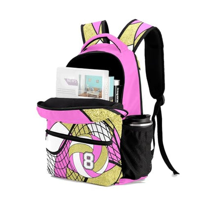 Volleyball Pink Gold Multifuction Waterproof Backpack with Name Custom Shoulders Bookbag for Birthday Holiday Gift - color: Volleyball Pink Gold
