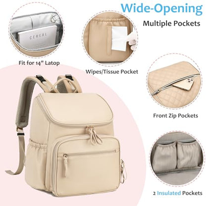 LORADI Lightweight Diaper Bag Backpack, Baby Shower Gifts, Beige | Stroller Clips, Insulated Pockets, Water-resistant, Easy to Clean, Durable - color: Beige
