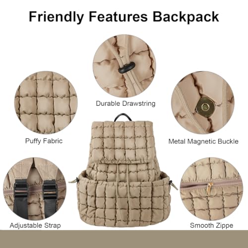 XSUIOY Quilted Backpack Purse for Women Small Lightweight Puffer Puffy College Laptop Backpack Nylon Casual Bookbag Daypack Top Flap Drawstring Padding Hiker Travel Gym Backpack(Khaki) - color: Khaki