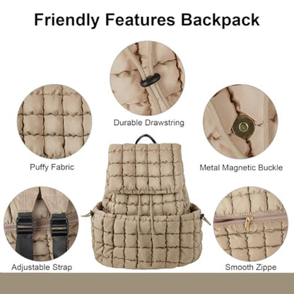 XSUIOY Quilted Backpack Purse for Women Small Lightweight Puffer Puffy College Laptop Backpack Nylon Casual Bookbag Daypack Top Flap Drawstring Padding Hiker Travel Gym Backpack(Khaki) - color: Khaki
