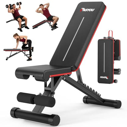 PASYOU Adjustable Weight Bench, 660LB Capacity Foldable Workout Bench, Incline Flat Bench Press for Home Gym, Dual-Frame Strength Training Bench, No Assembly Required, Wider Seat - color: Red