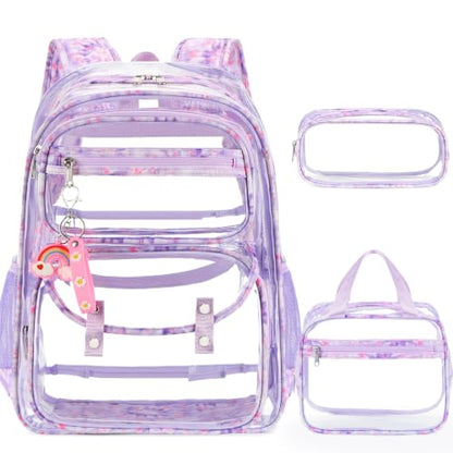 ACESAK Clear Backpack for Girls - 3 Pcs Clear Backpack Heavy Duty with Lunch Bag - See Through Bookbag Stadium Approved for Kids Middle High College School(Purple) - color: Purple