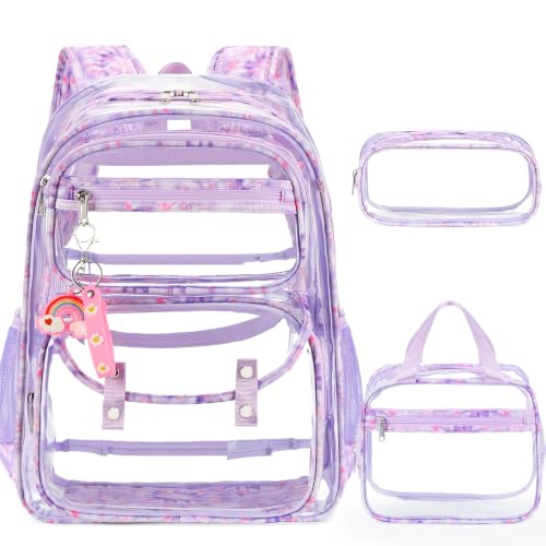 ACESAK Clear Backpack for Girls - 3 Pcs Clear Backpack Heavy Duty with Lunch Bag - See Through Bookbag Stadium Approved for Kids Middle High College School(Purple) - color: Purple