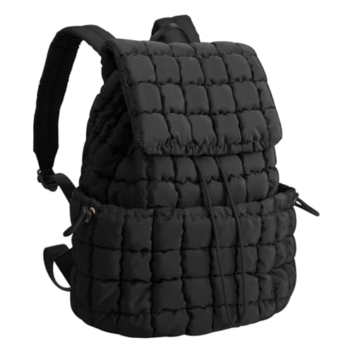 XSUIOY Quilted Backpack Purse for Women Small Lightweight Puffer Puffy College Laptop Backpack Nylon Casual Bookbag Daypack Top Flap Drawstring Padding Hiker Travel Gym Backpack(Black) - color: Black