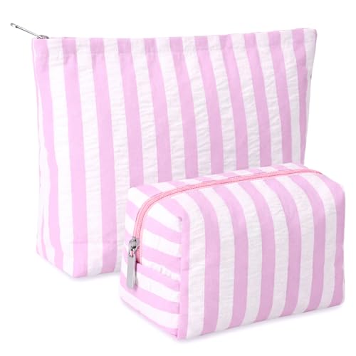 Huhumy 2 Pcs Makeup Bag Set Cute Cosmetic Pouch for Women Seersucker Travel Toiletry Bag Preppy Small Makeup Purse Pouch Aesthetic Skincare Brushes Storage Organizer for Valentine Women(Pink Wide) - color: Pink, style: Wide Striped Seersucker