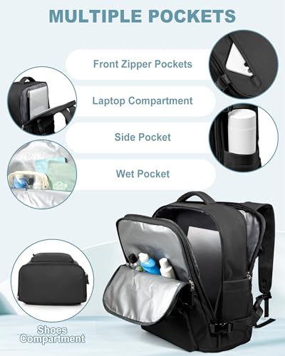 VECAVE 18x14x8 TSA-Approved Personal Item Backpack – Under Seat Carry-On Travel Bag for Women, Fits 15.6" Laptop, with Water Bottle & Shoe Pouch, Airline Travel Backpack Flight approved Black - color: H1-black, size: Large