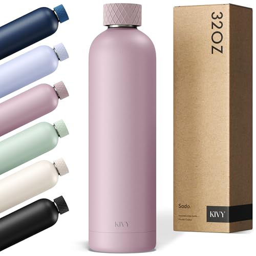 KIVY Stainless Steel Insulated Water Bottle 32oz | Slim Water Bottle for Travel, Car, Gym, Cupholder, Backpack side pocket - Slim water bottle no straw - Screw top