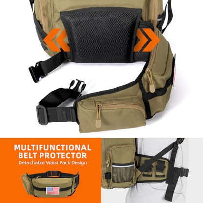 Ghosthorn Fishing Tackle Backpack with 4 3600 Tackle Boxes Rod Holder Outdoor 43L Large Bag with Detachable Wasit Bag Storage Fishing Gear and Equipment Waterproof - color: With 3600*4 Khaki (43l)