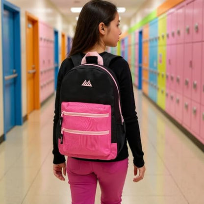 Summit Ridge Colorful Big Backpack for School Kids, Multi Pocket Backpack for Elementary, Middle School Girls, Boys with Padded Straps (Black/Pink) - color: Black/Pink