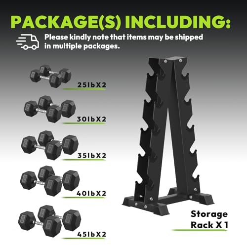 HANDBODE Rubber Coated Hex Dumbbell Set with A-Frame Rack, 100 lb - 600 lb Multiple Options Weight, Hexagon Non-Rolling Shape, Ergonomic Knurled Handle, Home Gym Equipment for Strength Training - style: 350 lb (25, 30, 35, 40, 45 lb) X 2 & Rack