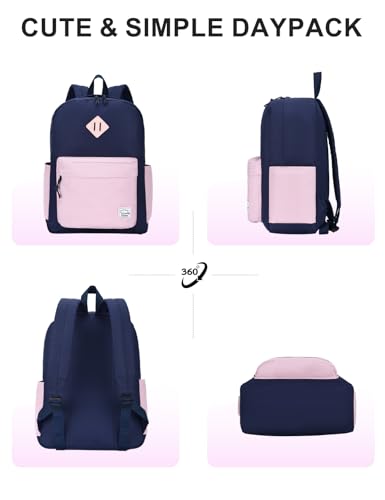 VASCHY Lightweight Backpack for School, Water Resistant Classic Bookbag with Side Pockets for Girls Kids,Teens Blue Pink - color: Midnight Blue & Pink