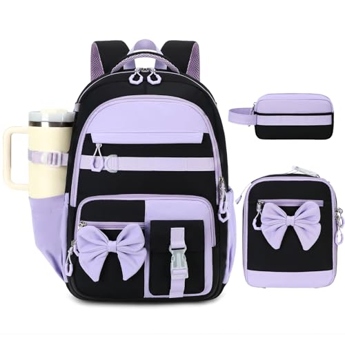 CAMTOP Girls Backpack with Lunch Box & Pencil Case Set, School Backpack for Girls with Large Water Bottle Holder Straps, Waterproof Kids Backpack, Cute Bookbag for Elementary School & Travel - color: Black Purple