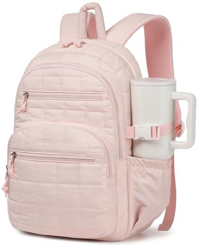Large Laptop Backpack for Women, Quilted College Bookbag with Tumbler Holder Pocket for Nurse Teacher Work Travel, Puffer School Backpack for Teen Girls Big Student, Pink - color: Pink, size: 17.3in