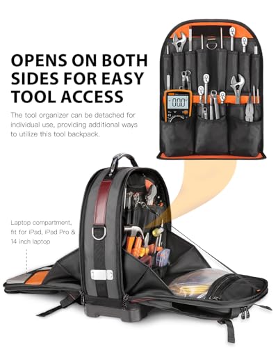 Heavy Duty Tool Backpack, 18-Inch Hard Shell Electrician Tool Bag, Full-Open Work Bag with Molded Base, Removable Tool Organizer, Laptop Compartment, HVAC Construction Backpack for Men, Brown - color: Redbrown