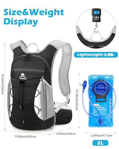 Hydration Backpack with 2L Water Bladder - Lightweight 15L Daypack with Phone-Sized Hip Belt Pockets, Anti-Chafe Cotton Edging & No-Bounce Straps - Small Water Backpack for Hiking, Running, Skiing - color: Black