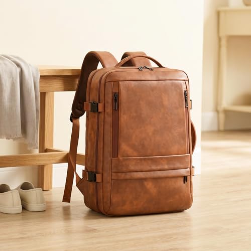 Travel Backpack for Women, PU Leather Carry On Backpack Flight Approved with Laptop Compartment, 40L Expandable Personal Item Travel Bag for Traveling Weekender Business (Brown) - color: Brown