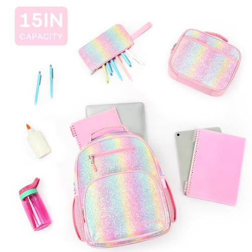 mibasies Girls Backpack with Lunch Box: 3PCS Kids Backpack Set for Kindergarten Elementary - 15 IN Cute Bookbag - Glitter Rainbow - color: Glitter Rainbow
